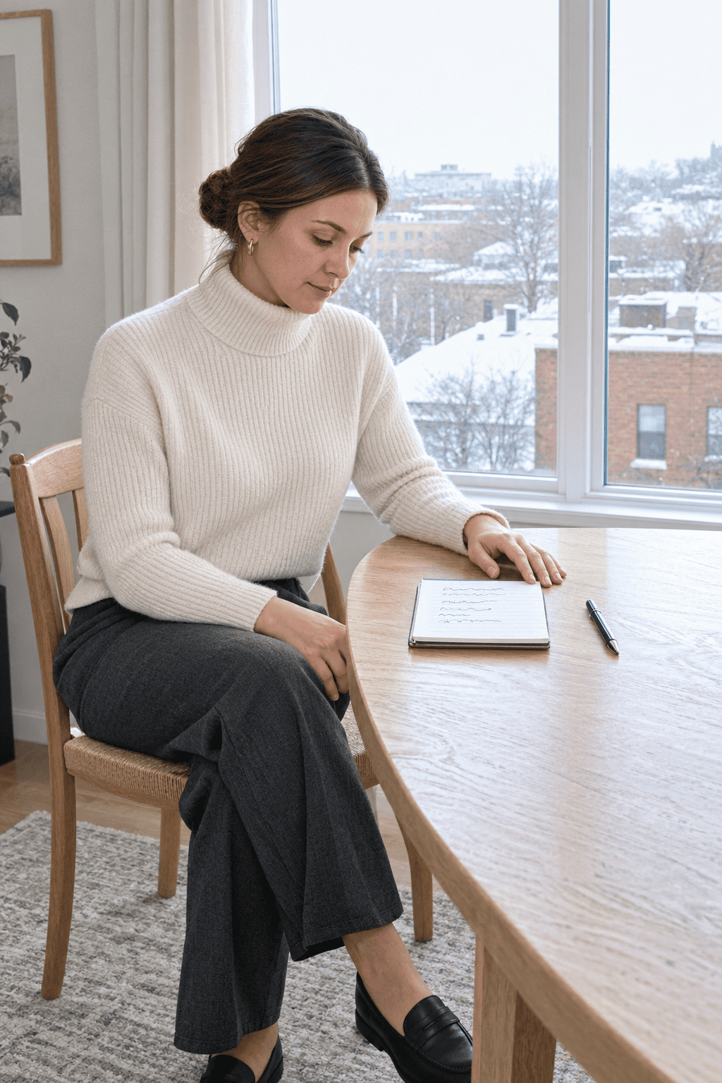 woman at a table with a short handwritten shopping list, planning capsule wardrobe purchases