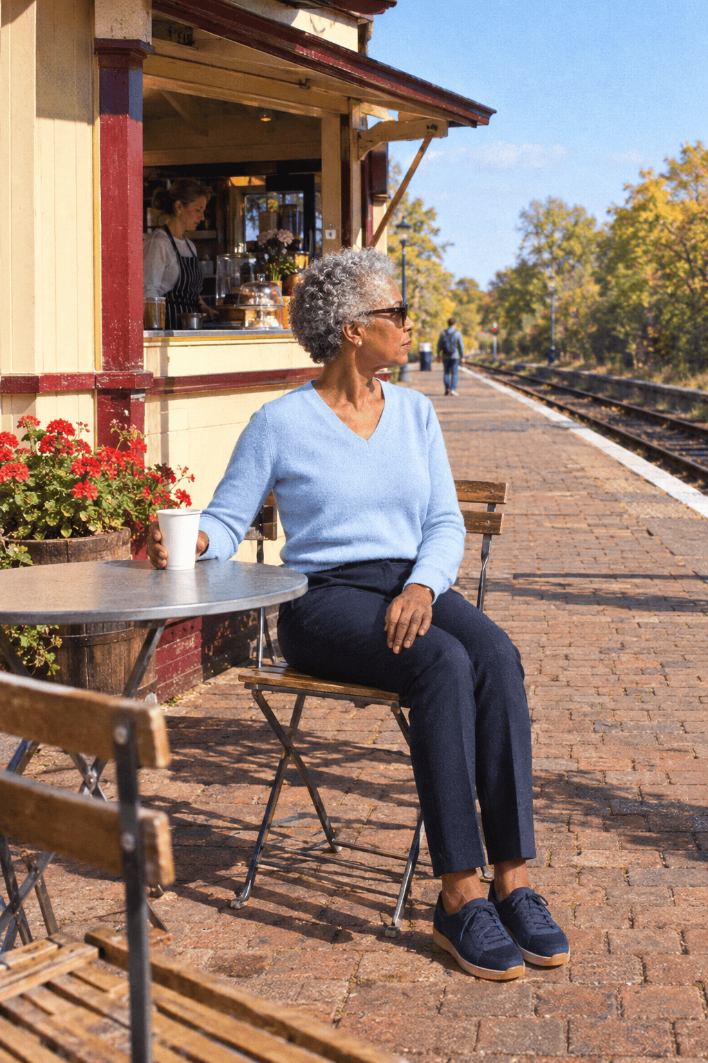 petite travel outfit for women over 70: sky blue cashmere V-neck sweater, dark navy pull-on ankle trousers and navy leather sneakers