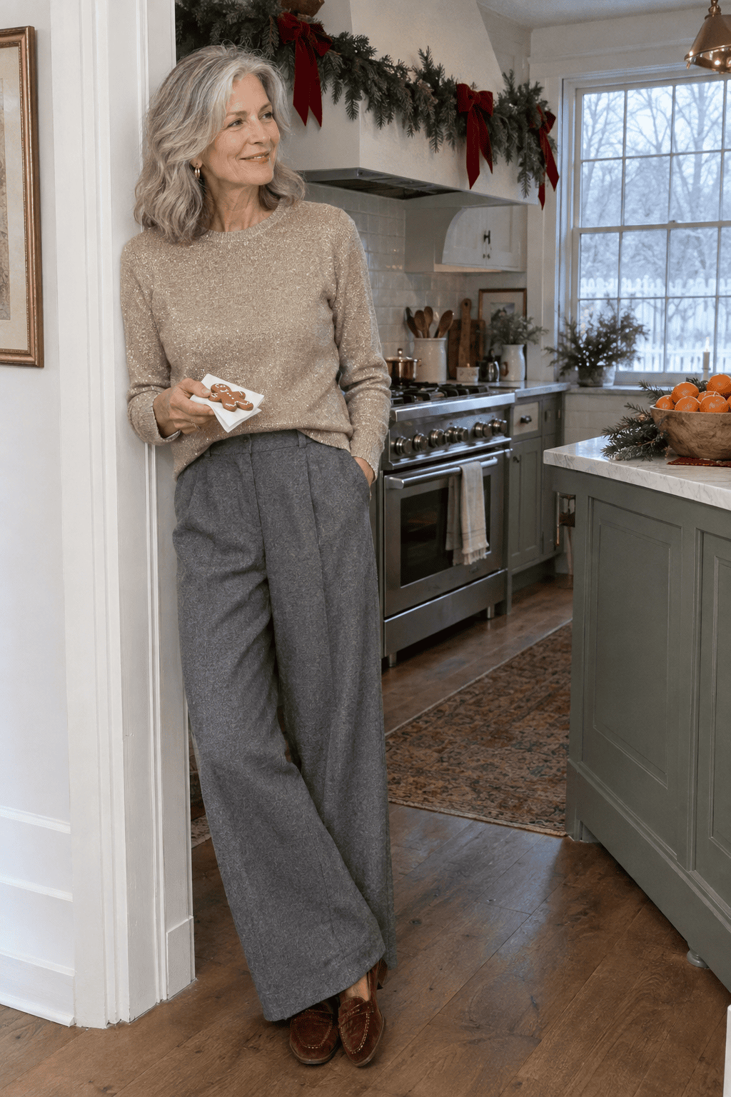 christmas open house outfit for women over 60: gold lurex knit sweater half-tucked into grey wool flannel wide-leg trousers with amber-brown velvet loafers
