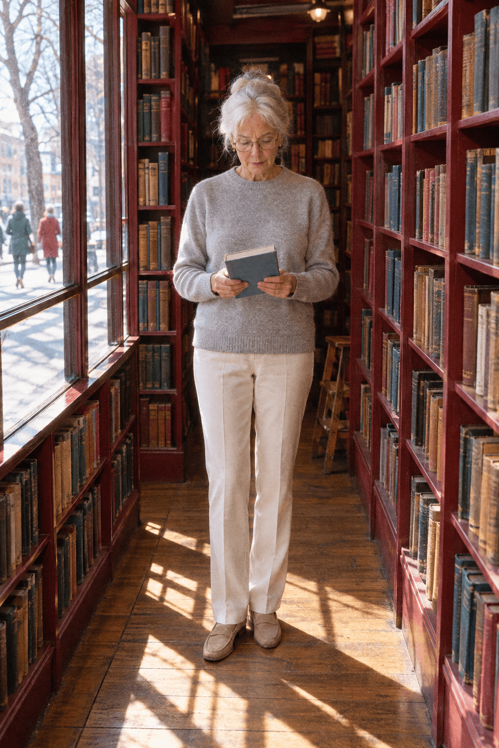affordable winter outfit for women in their 70s: heather gray cashmere crewneck, ecru ponte straight trousers and almond suede penny loafers