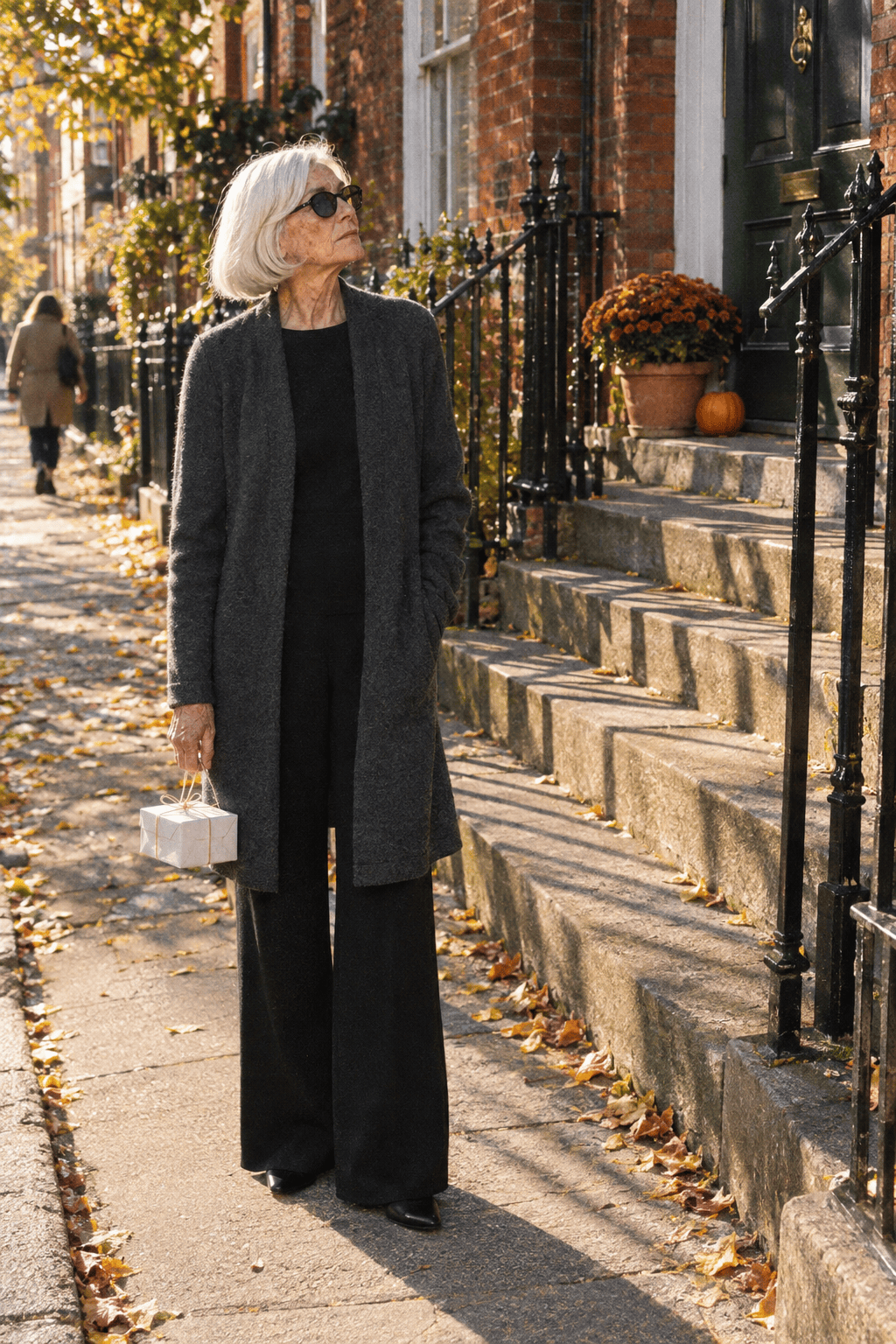 elegant family dinner outfit for women in their 80s: charcoal open-front knit duster, black wide-leg pull-on trousers and black ballet flats