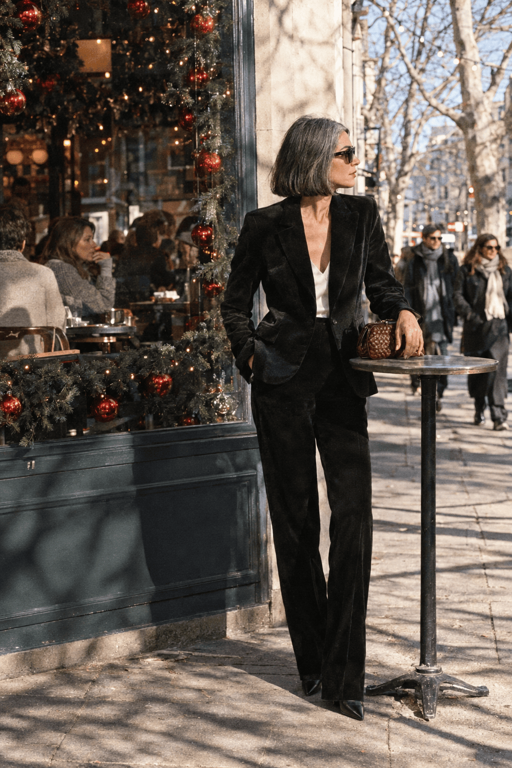 christmas party outfit with trousers: black velvet blazer and matching velvet trousers, ivory silk camisole and a burgundy clutch
