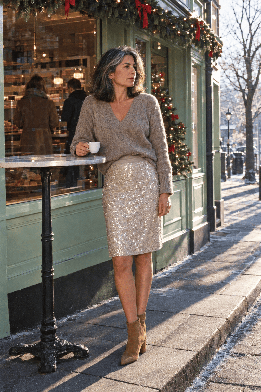 sequin skirt outfit winter look for Christmas dinner: pale champagne knee-length sequin skirt, taupe cashmere cable-knit sweater and natural suede ankle boots
