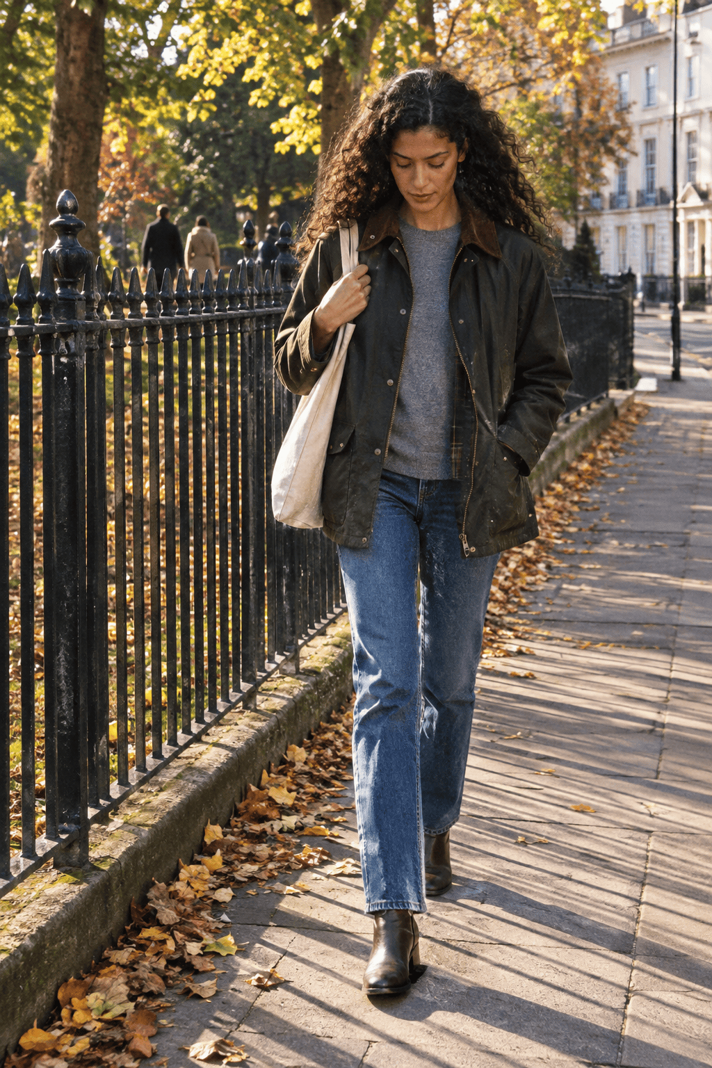 Old money brands for women: Barbour olive waxed cotton jacket with jeans and a sweater