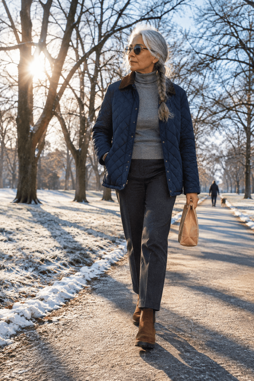 women over 60 winter walk outfit: navy quilted jacket with corduroy collar, grey merino turtleneck, charcoal ponte pants and waterproof chelsea boots