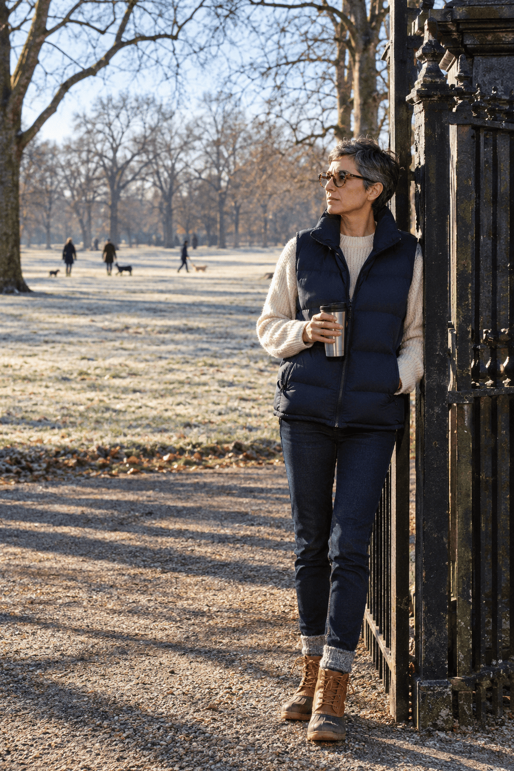 casual winter outfit: navy down puffer vest, ivory fisherman sweater, dark rinse jeans and tan Bean Boots
