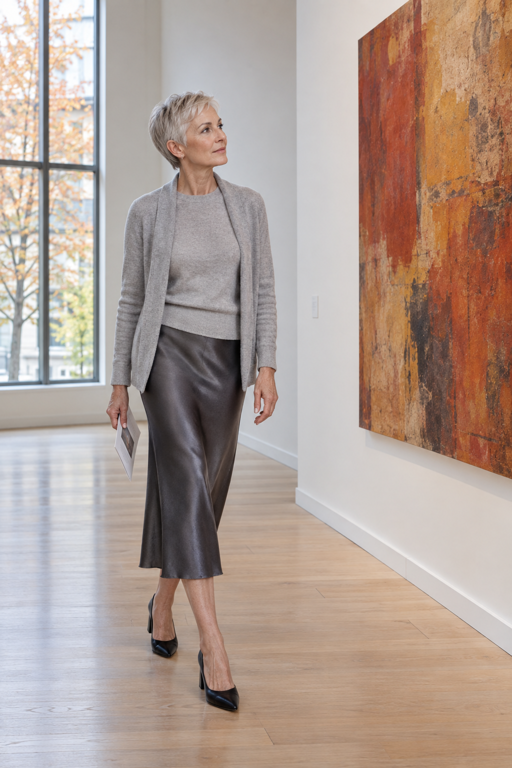 elegant gallery outfit for women over 60: gray cashmere twinset, graphite silk slip skirt and black block-heel pumps