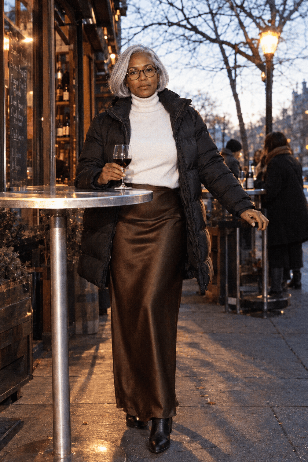 winter date night outfit: dark brown satin maxi skirt with a white merino turtleneck, black leather booties and a black down puffer coat