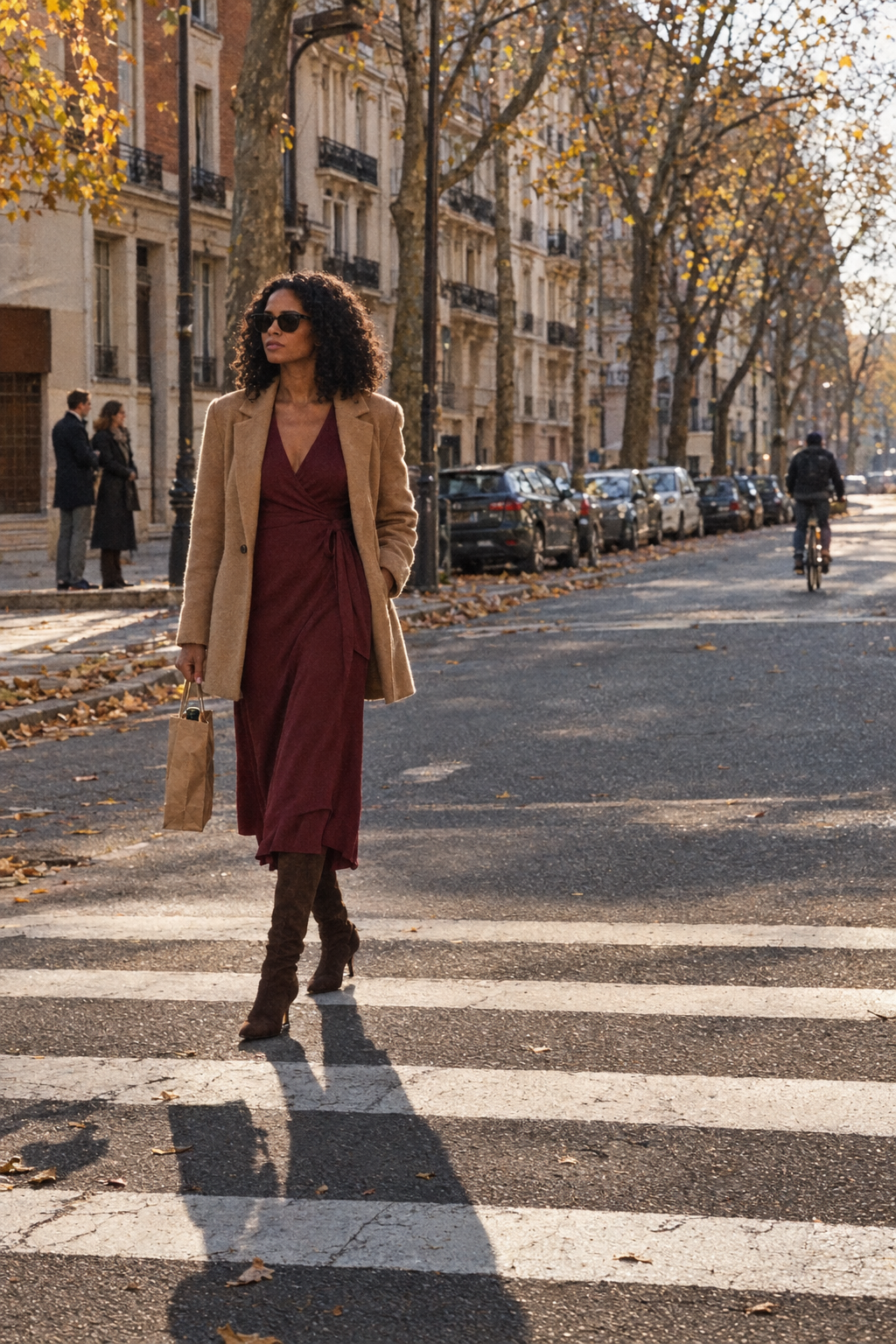 Friendsgiving outfit idea: wine jersey wrap midi dress with elbow sleeves, dark brown suede knee boots and a thigh-length camel wool coat