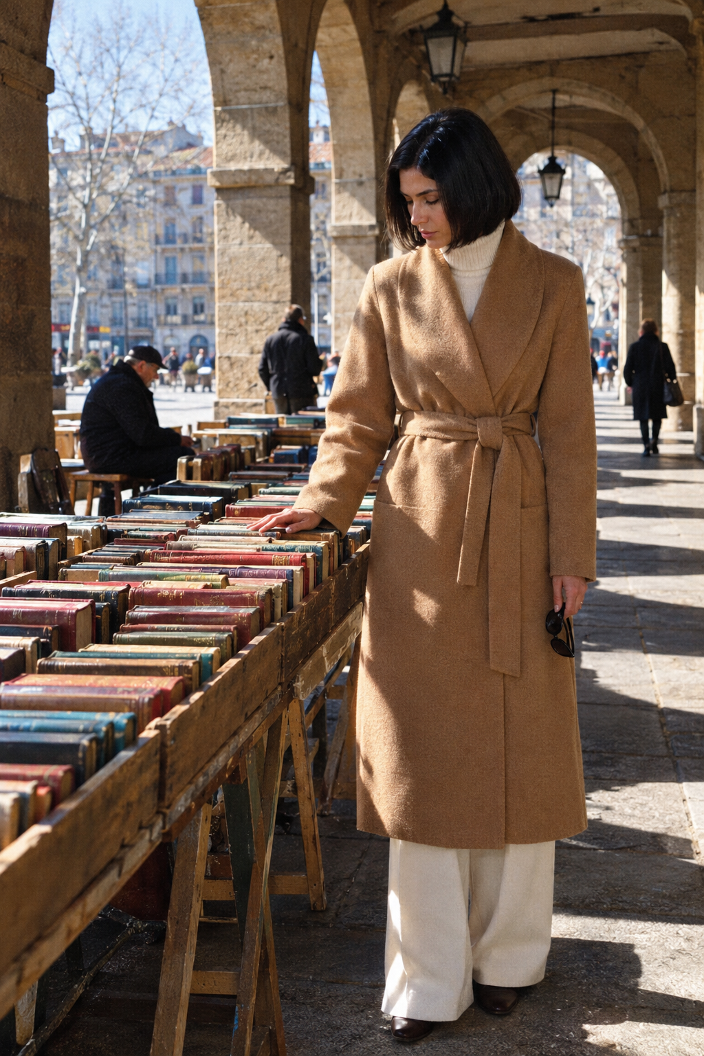 old money habit of one signature color palette: camel cashmere wrap coat, ivory pleated wide-leg trousers and off-white cashmere turtleneck