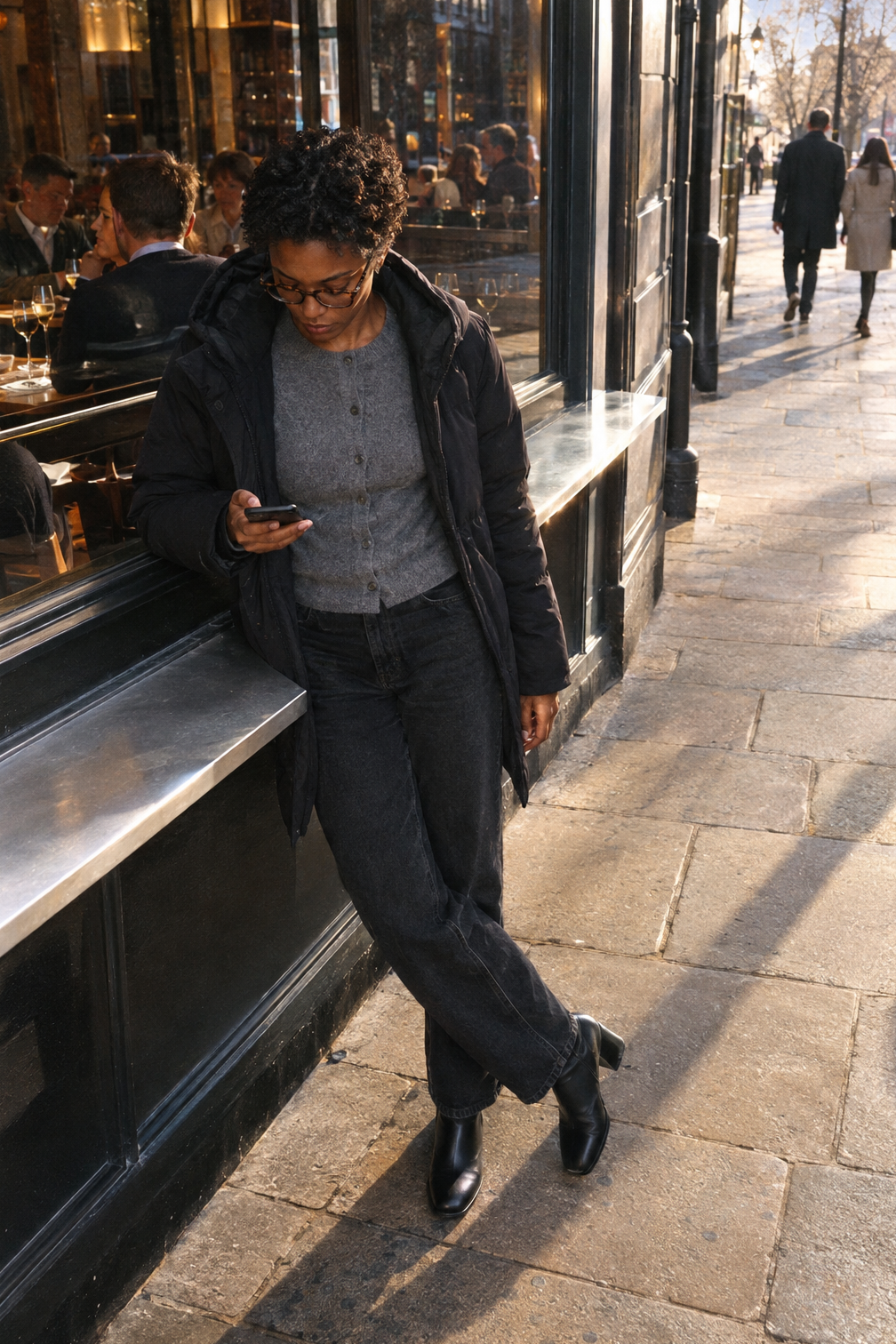casual bistro winter outfit: gray cashmere cardigan, washed black barrel-leg jeans, black block-heel booties and a black hooded parka