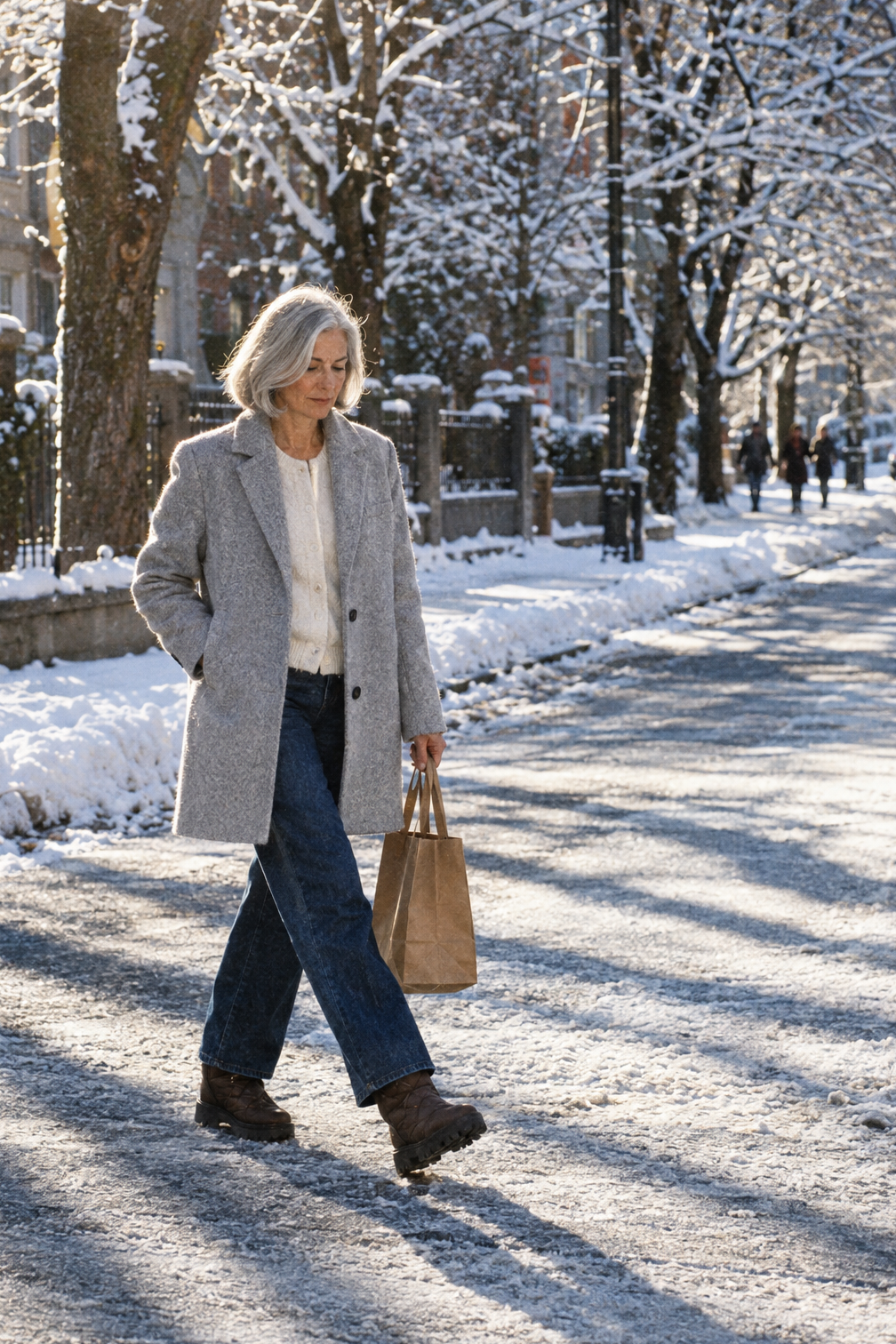 snow outfits for women: light gray lambswool polo coat, ivory cashmere cardigan, fleece-backed indigo denim and brown waterproof snow booties on a tree-lined snowy street