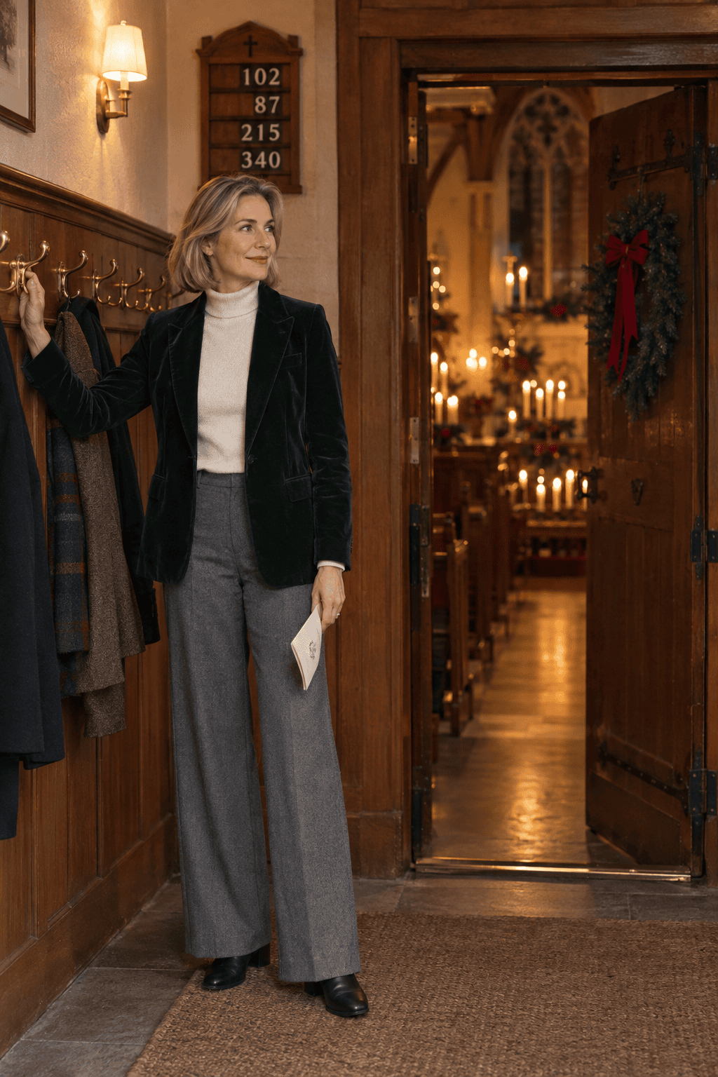 christmas eve church outfit: deep green velvet blazer over an ivory turtleneck with grey wide-leg trousers