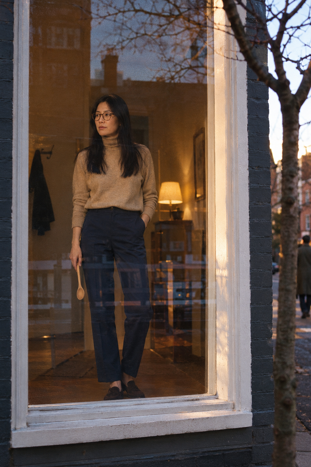 dinner party outfit ideas for hosting: wheat cashmere turtleneck with navy straight-leg trousers and dark suede loafers