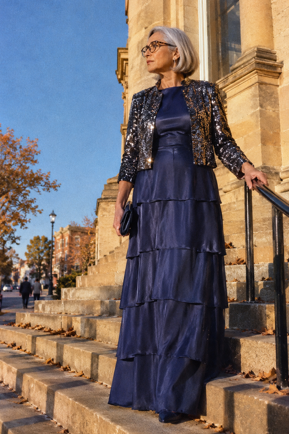 fall evening mother of the groom outfit over 60: navy satin tiered gown with gunmetal sequin cropped jacket and navy suede pumps