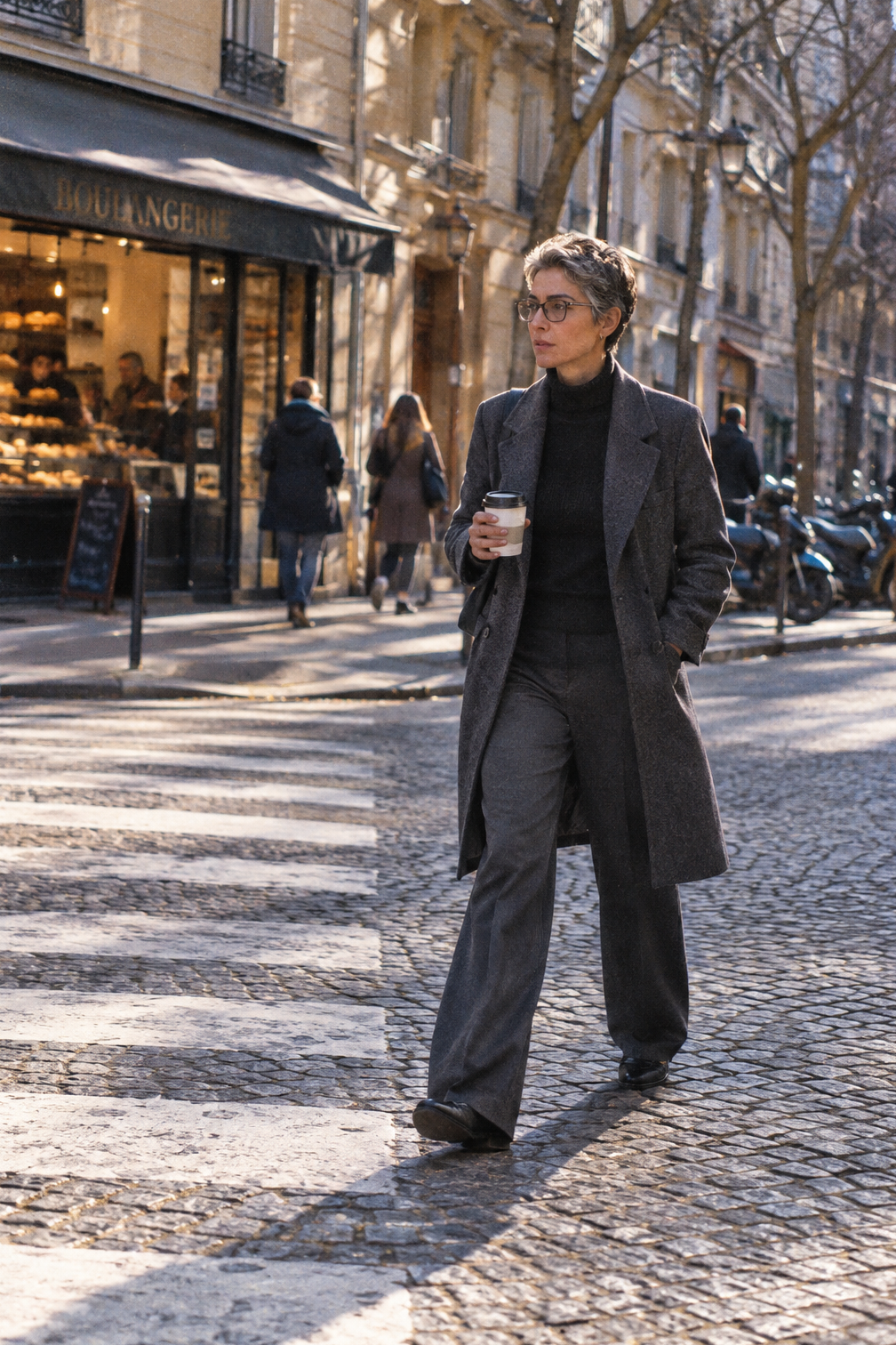 how to style black loafers in winter with charcoal wide-leg trousers and a heather charcoal wool coat