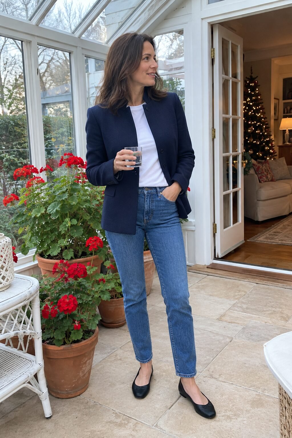 understated christmas lunch outfit: navy stand-collar wool blazer, mid-blue straight jeans and black leather ballet flats