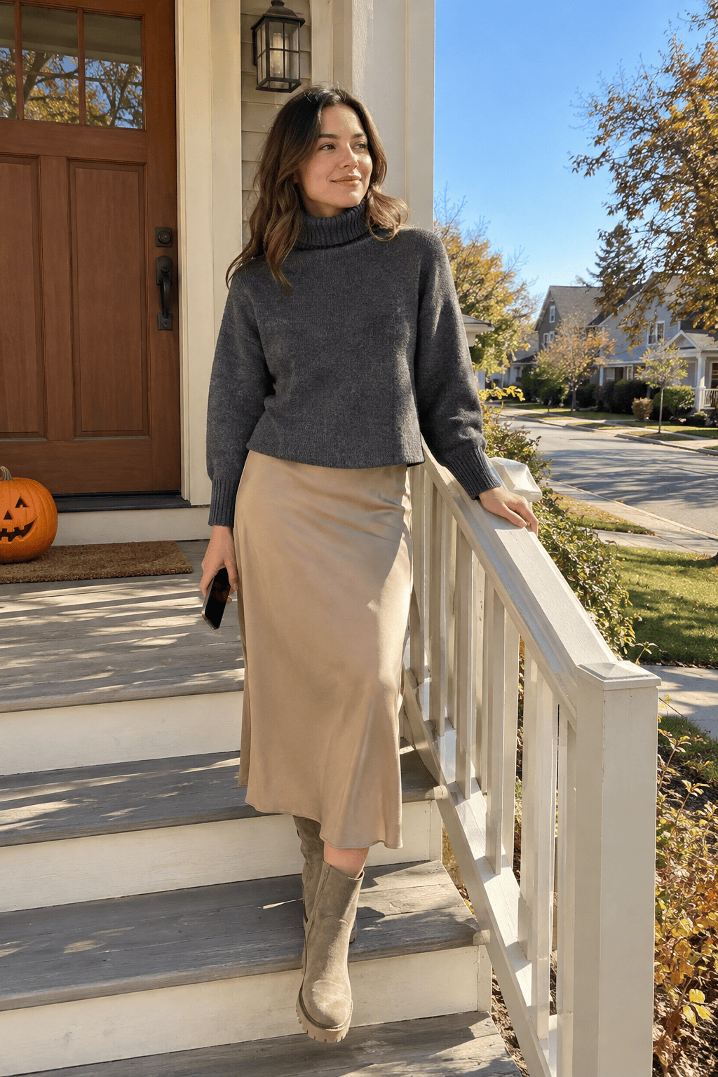 cool-weather linen outfit: camel-toned linen midi skirt with a charcoal turtleneck and lug-sole boots