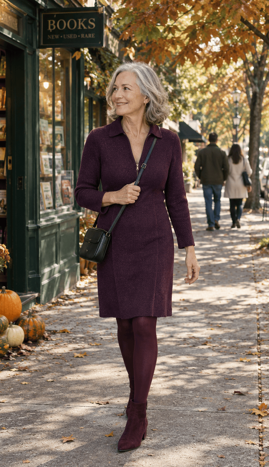 petite outfit for women over 60: plum knee-length zip-front dress with burgundy opaque tights and wine suede pointed ankle boots
