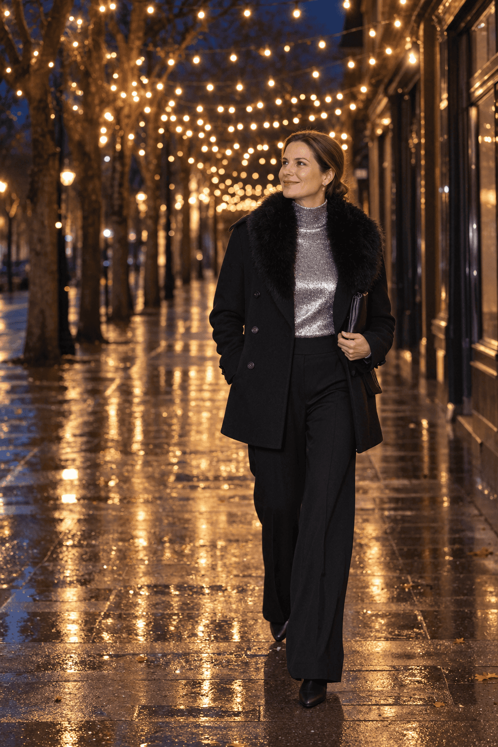 cold weather new years eve outfit: silver metallic turtleneck tucked into black wide-leg wool trousers with a black pea coat with faux-fur collar