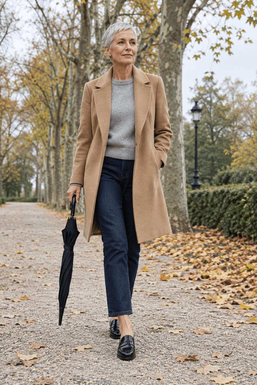 comfortable stylish shoes for women over 60: black leather penny loafers worn with dark ankle-length jeans