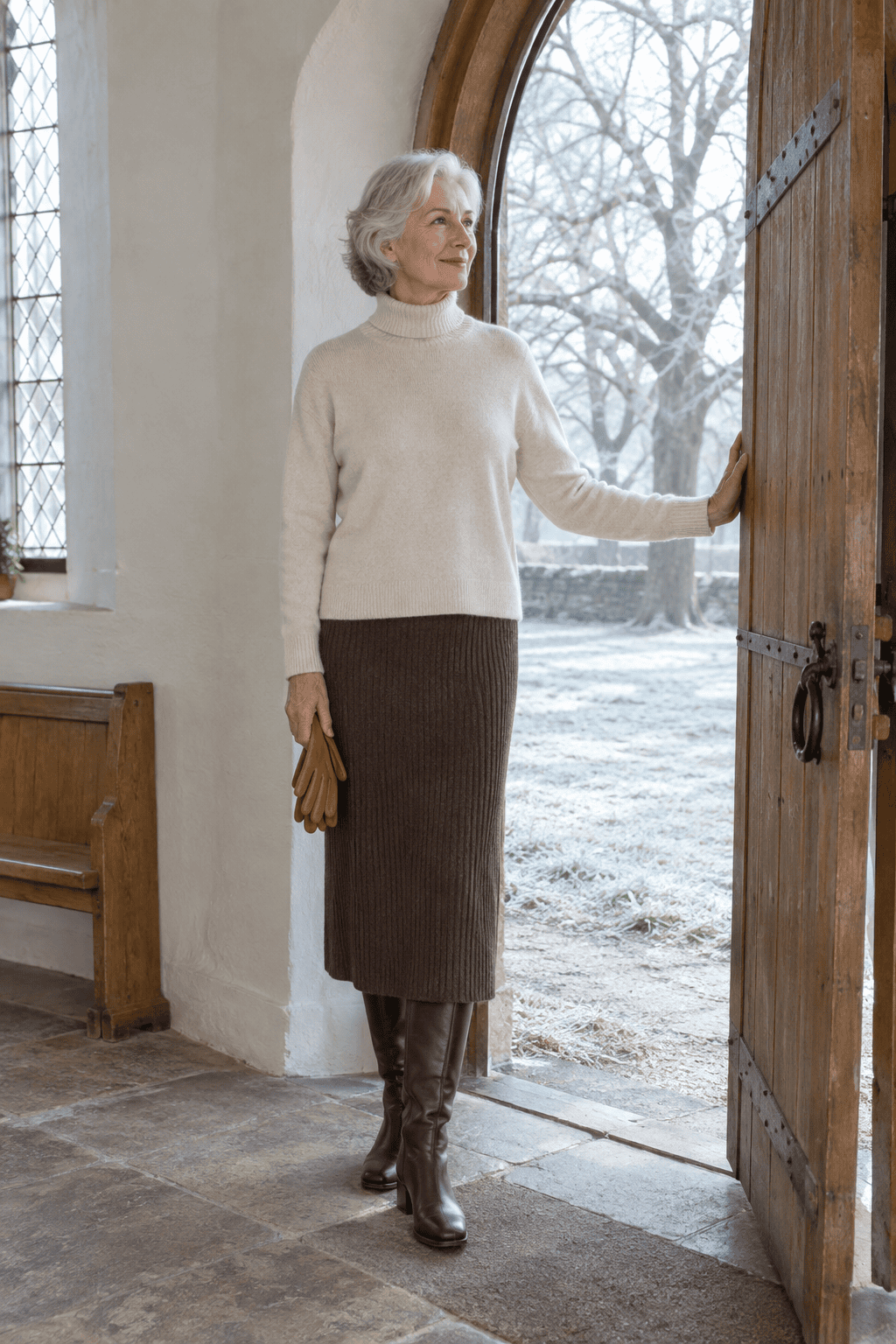 winter church outfit for women over 60: cream cashmere turtleneck with a brown cashmere rib midi skirt and chocolate leather boots