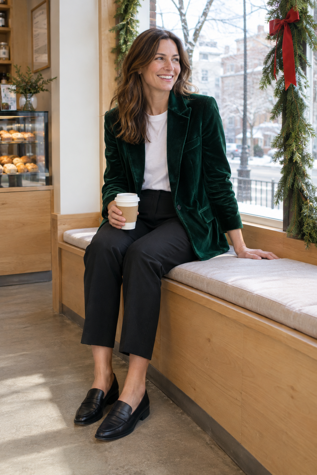 velvet blazer outfits for the holidays: emerald velvet blazer, crisp white tee, black trousers and black leather loafers at a winter brunch