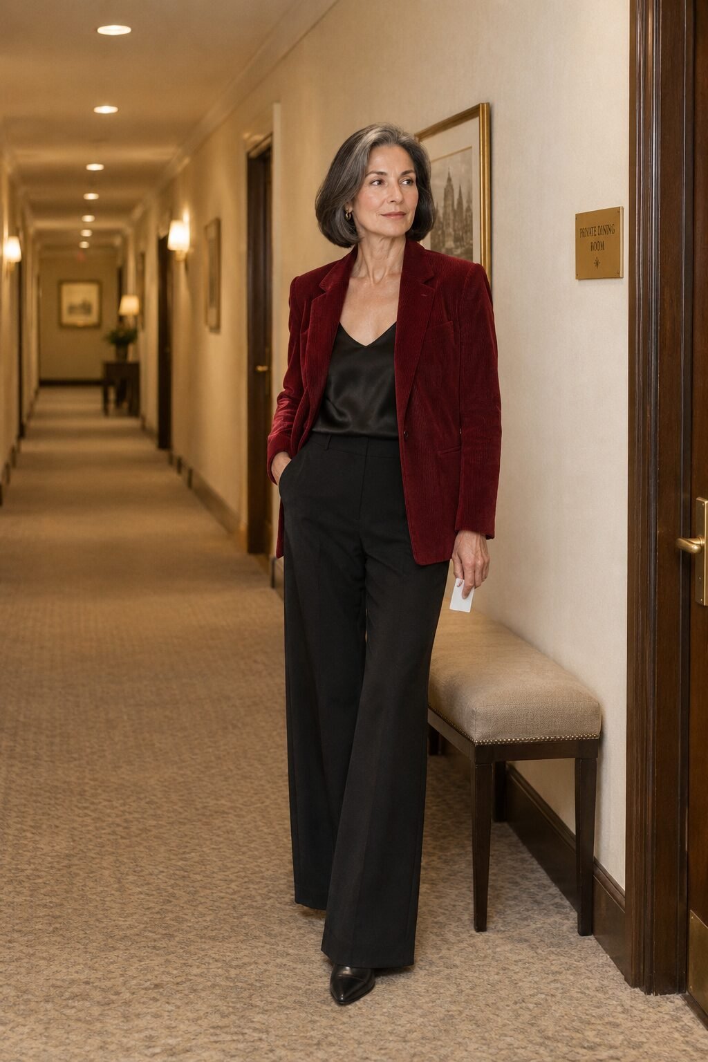elegant rehearsal dinner outfit for women over 50: wine corduroy blazer over a black silk cami and black wide-leg trousers with black pumps