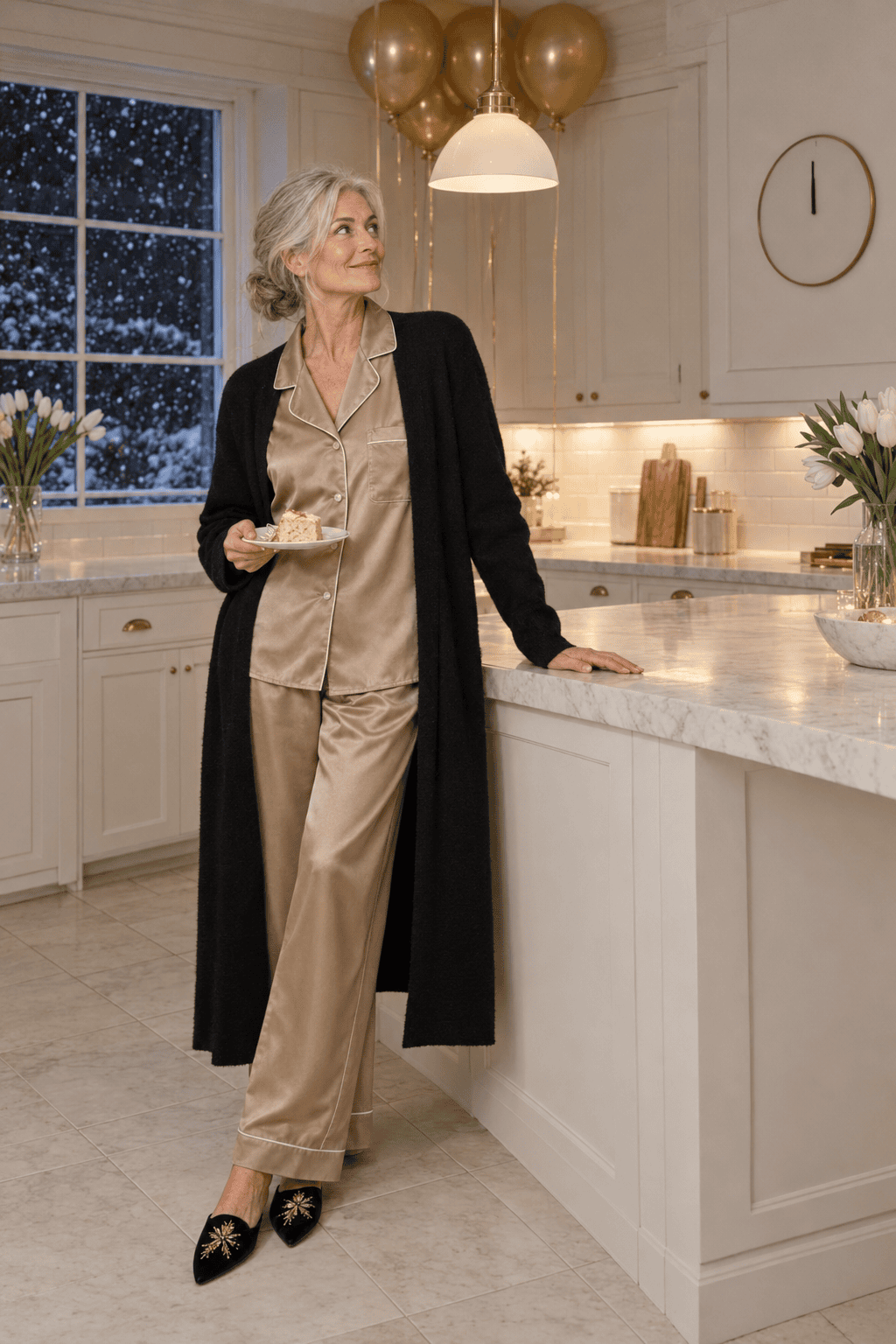 new year's eve outfit at home for women over 60: champagne silk satin pajama shirt and wide trousers under a long black cashmere cardigan with velvet mules
