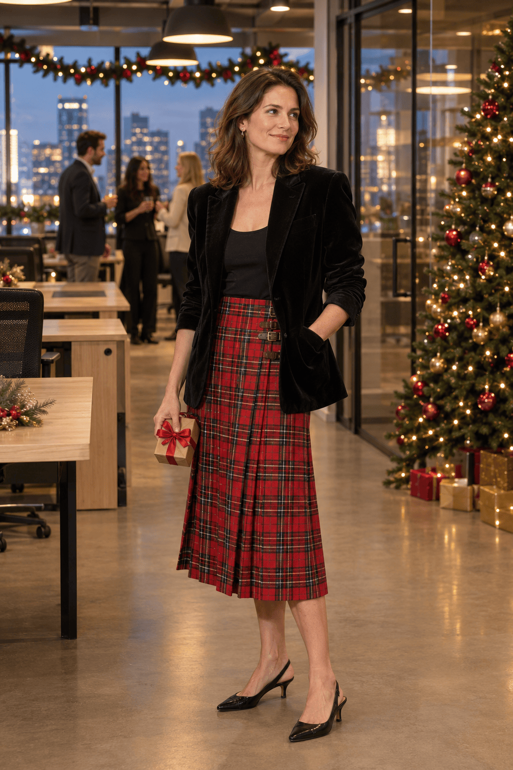 how to style a tartan skirt for an office holiday party: hip-length black velvet blazer over a black camisole and a red tartan pleated midi kilt with black kitten-heel slingbacks