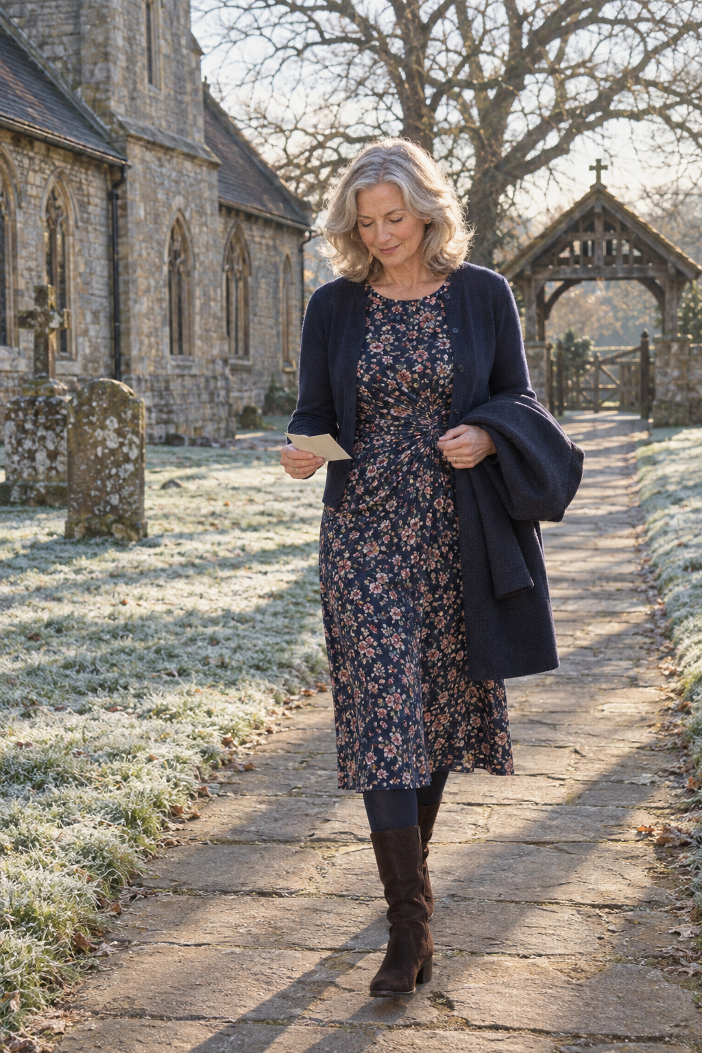 Valentine's brunch outfit for women over 60: navy floral jersey midi dress with a navy merino cardigan and dark brown suede knee boots