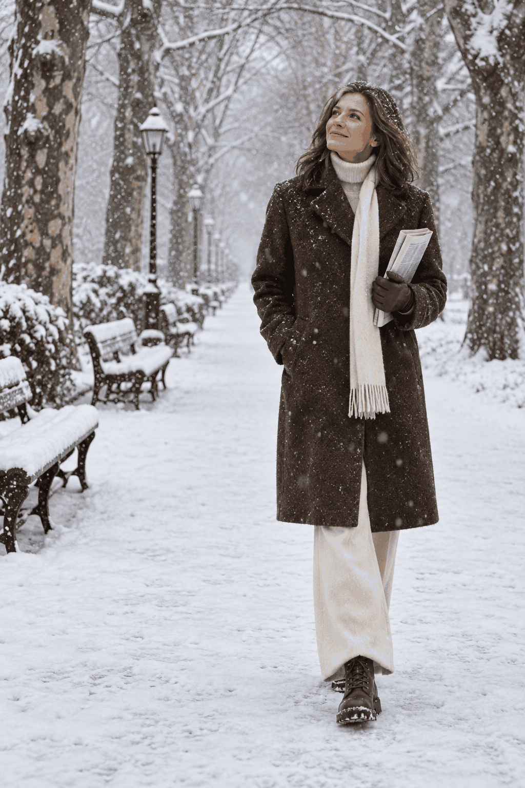 chocolate brown brushed alpaca-wool coat over a cream cashmere turtleneck with wide wool trousers and insulated snow boots in falling snow