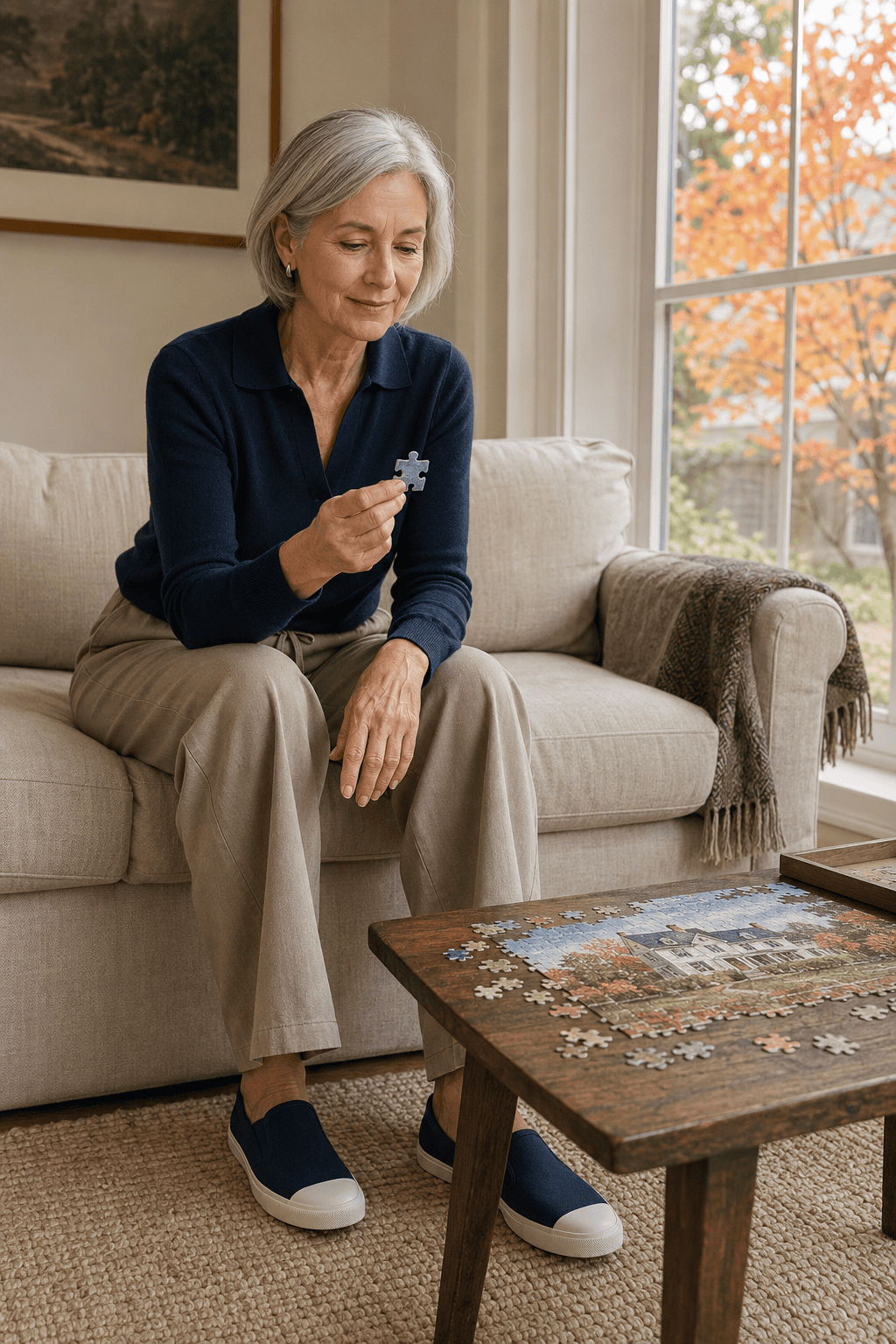 navy cashmere polo sweater with light taupe wide-leg pull-on trousers and navy canvas slip-on sneakers, an easy at-home casual outfit for women over 60
