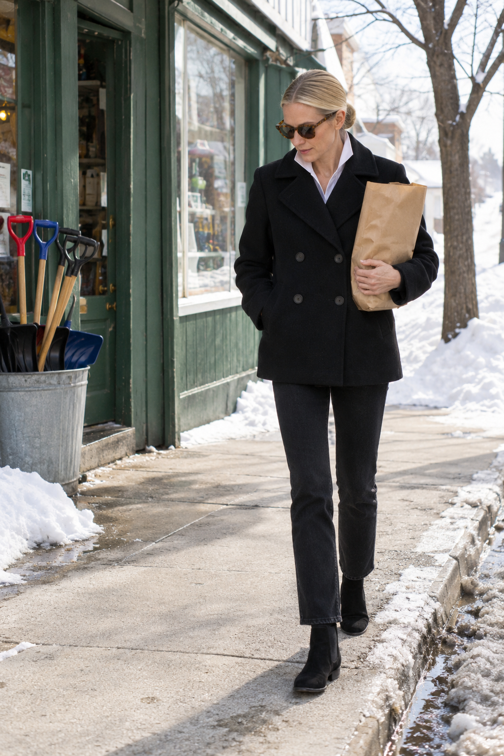 black and white winter errands outfit: black wool peacoat, crisp white poplin shirt, black straight jeans and black suede Chelsea boots