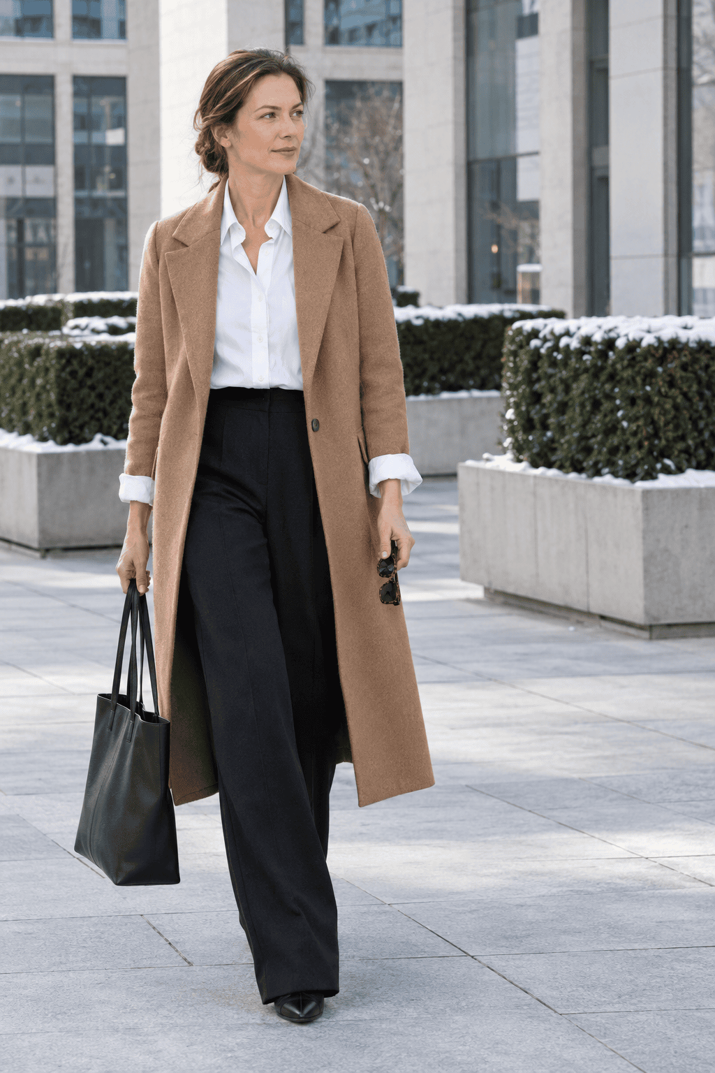 camel wool coat over white poplin boyfriend shirt tucked into black wide-leg trousers, with black knee boots and a black leather tote