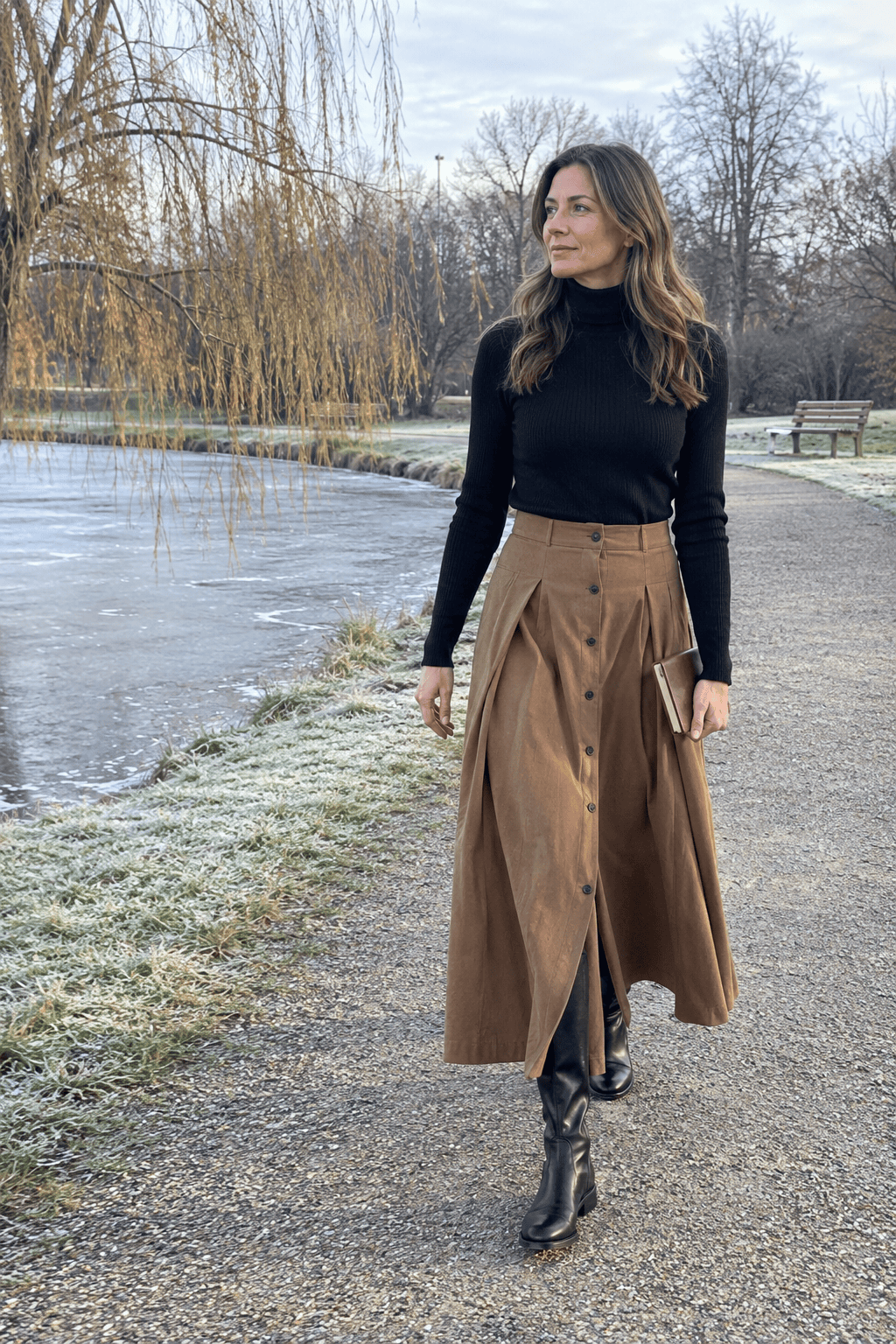 maxi skirt outfit for winter: caramel-brown pleated button-front maxi skirt with a black fine-rib turtleneck and black leather knee-high boots