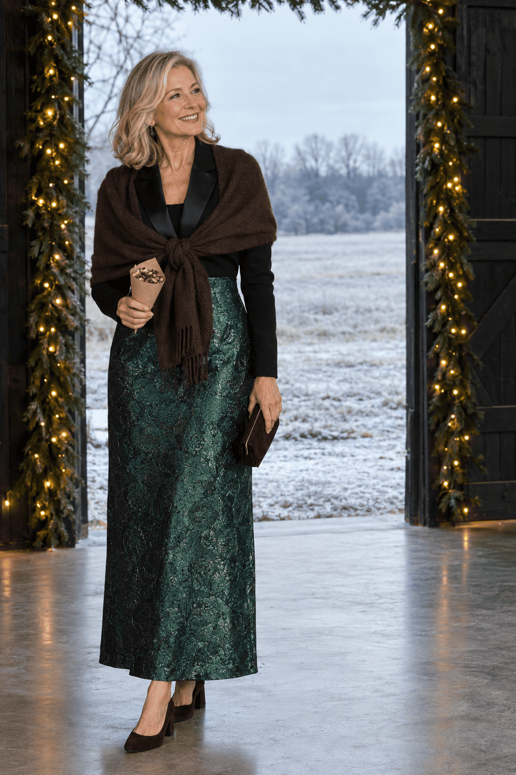 mother of the bride barn winter wedding outfit: long-sleeve dress with black bodice and emerald jacquard ankle-length skirt, chocolate cashmere wrap and dark brown suede block-heel pumps