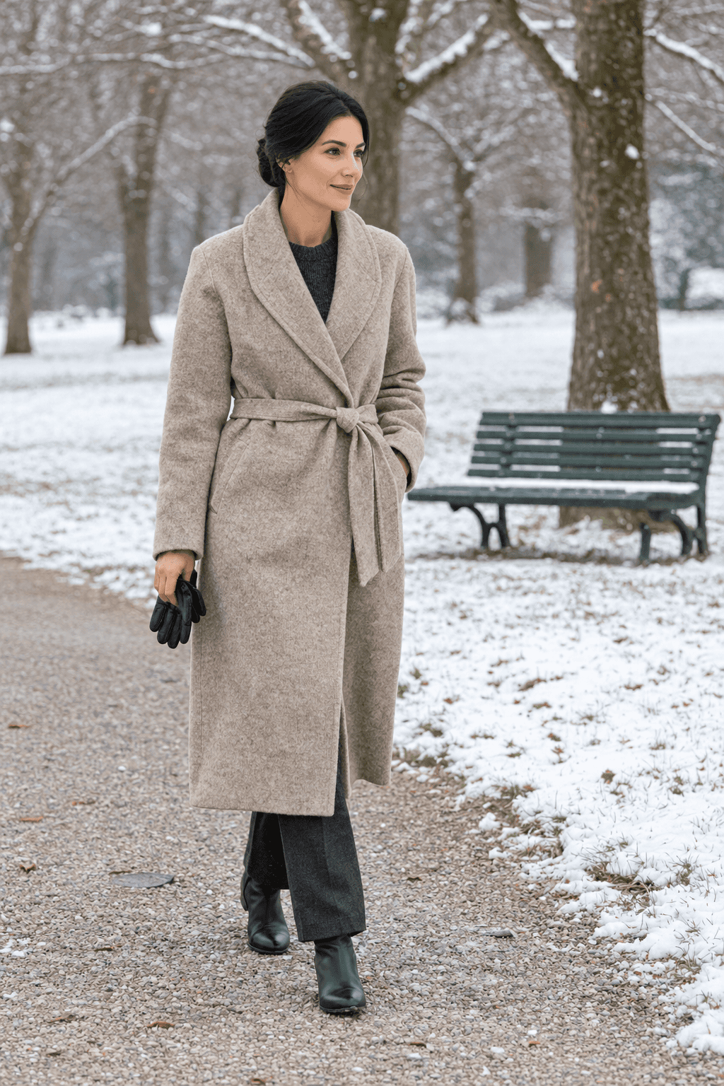 how to layer without bulk: woman in a belted wheat wool wrap coat over a fine knit in cold winter light