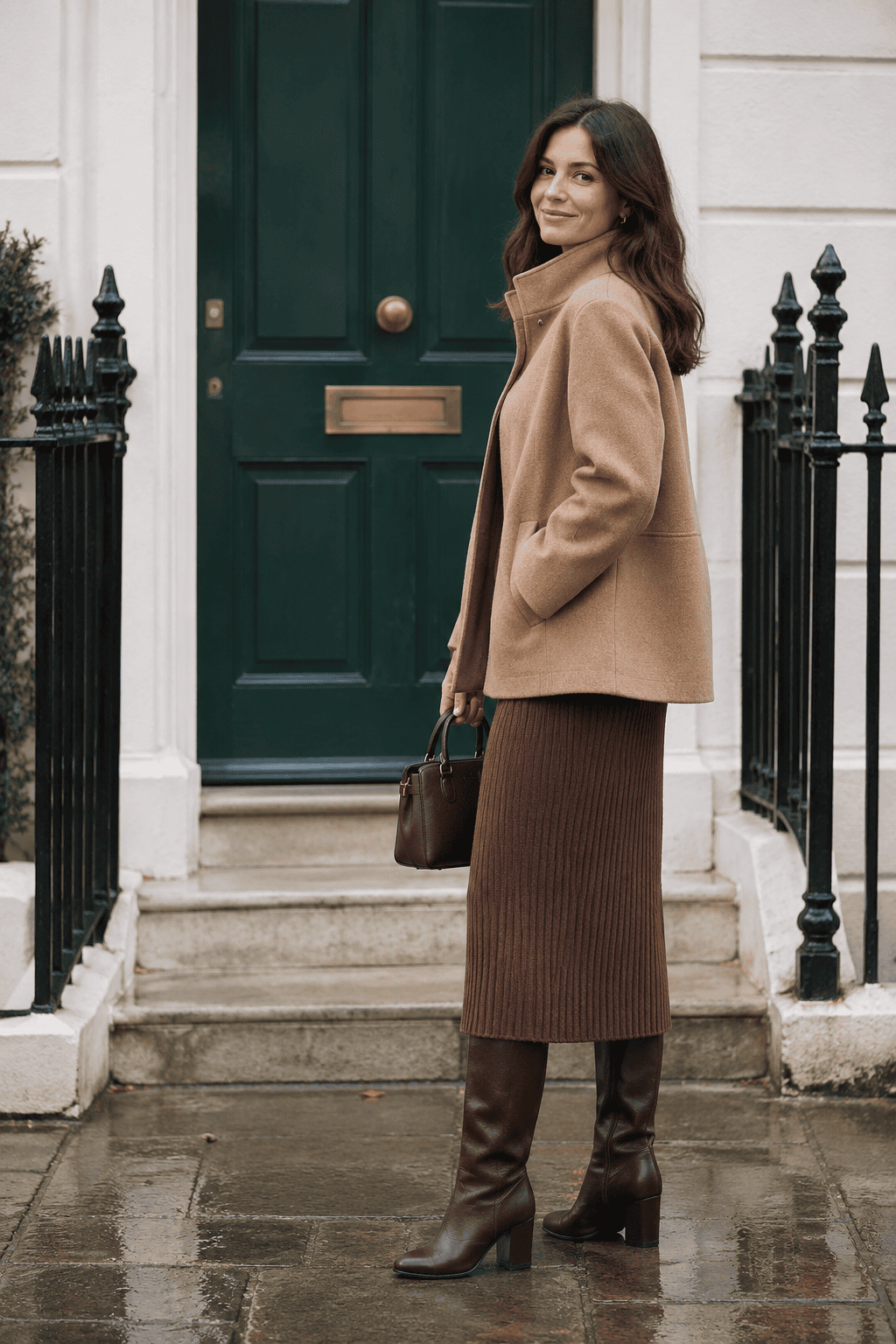 London winter outfit for afternoon tea: mocha brown ribbed knit midi dress, camel wool coat and dark brown knee-high leather boots