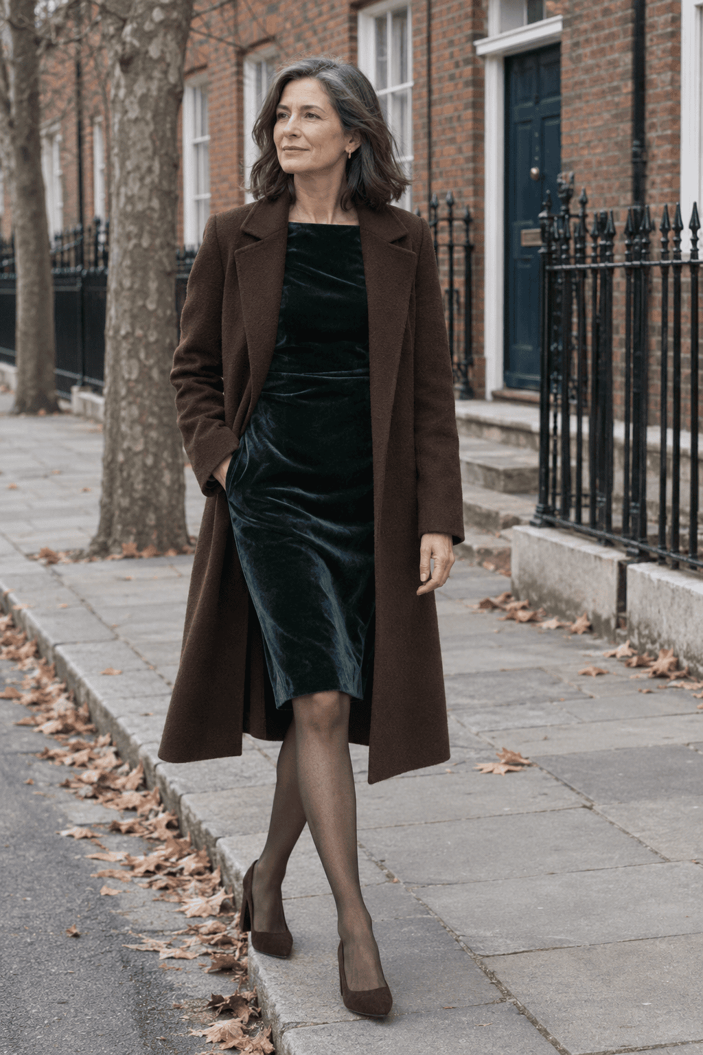 winter wedding guest outfit for women over 50: hunter green velvet sheath dress with three-quarter bell sleeves, long chocolate wool coat and dark brown suede pumps