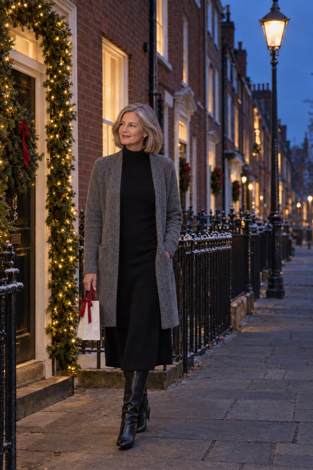 elegant christmas eve dinner outfit for women over 50: black knit mock-neck midi dress, long grey cardigan and black leather knee boots