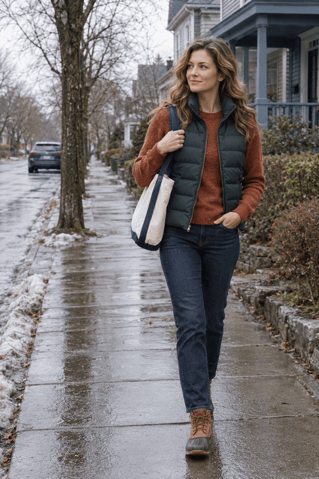 cold weather teacher outfit: dark pine green quilted vest over a rust cotton crewneck with dark slim straight jeans and tan duck boots