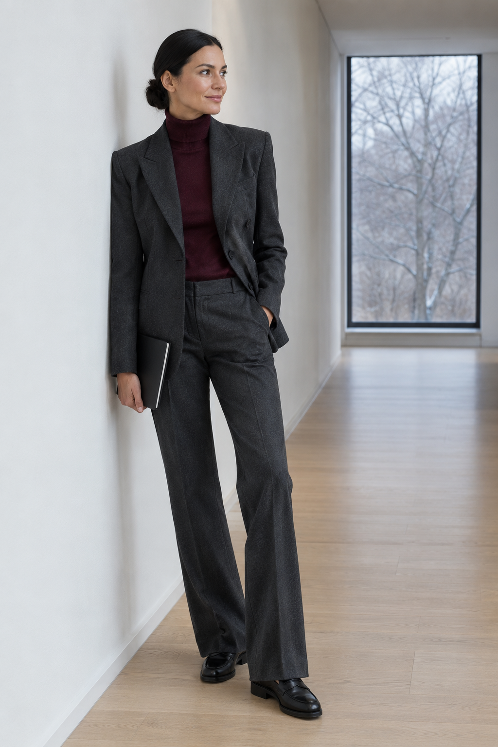 old money winter color combination charcoal and burgundy: charcoal wool blazer, burgundy cashmere turtleneck, charcoal trousers and black penny loafers