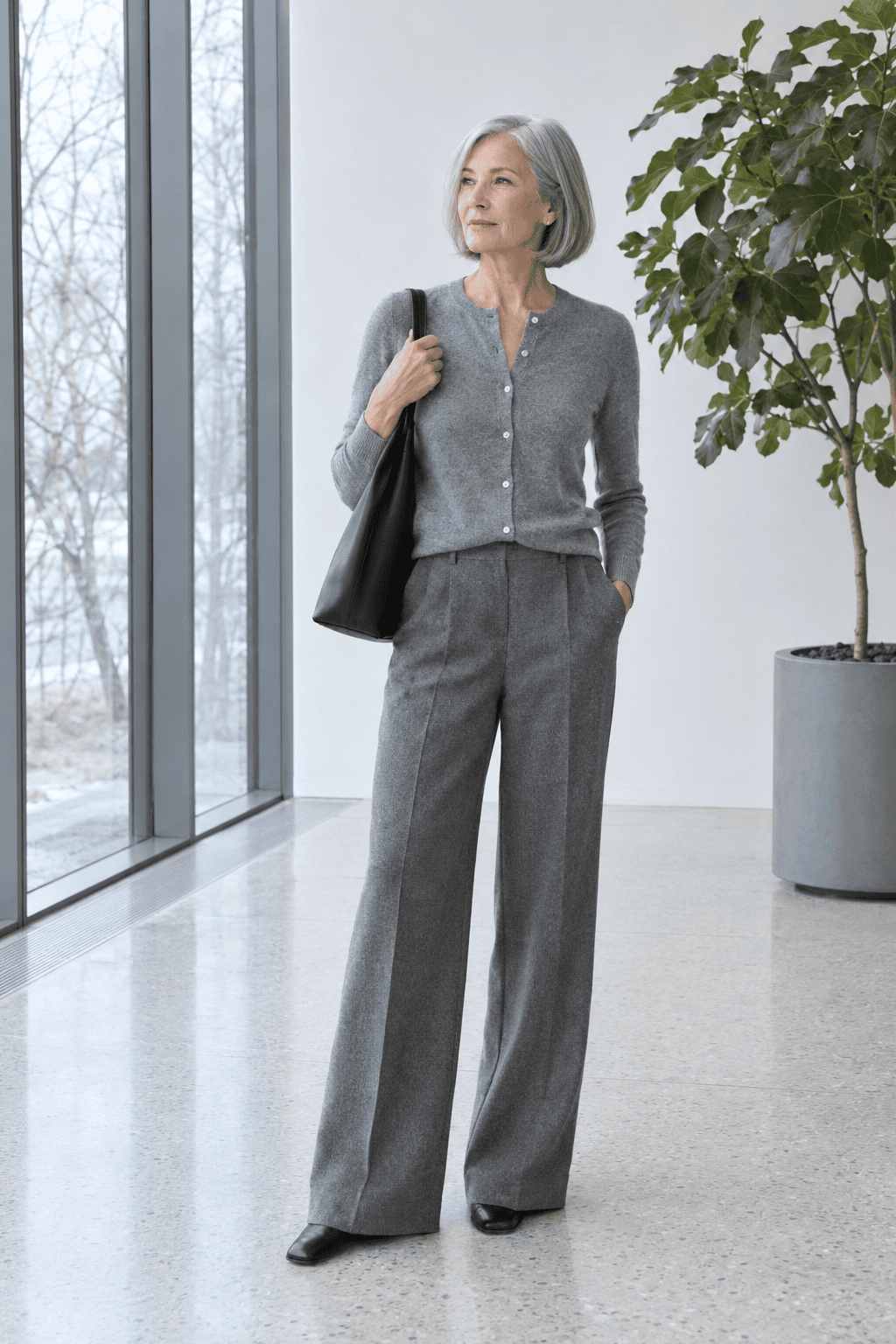 tonal grey cardigan outfit over 60: heather grey cashmere crewneck cardigan buttoned and front-tucked into grey wide-leg trousers with black ankle boots