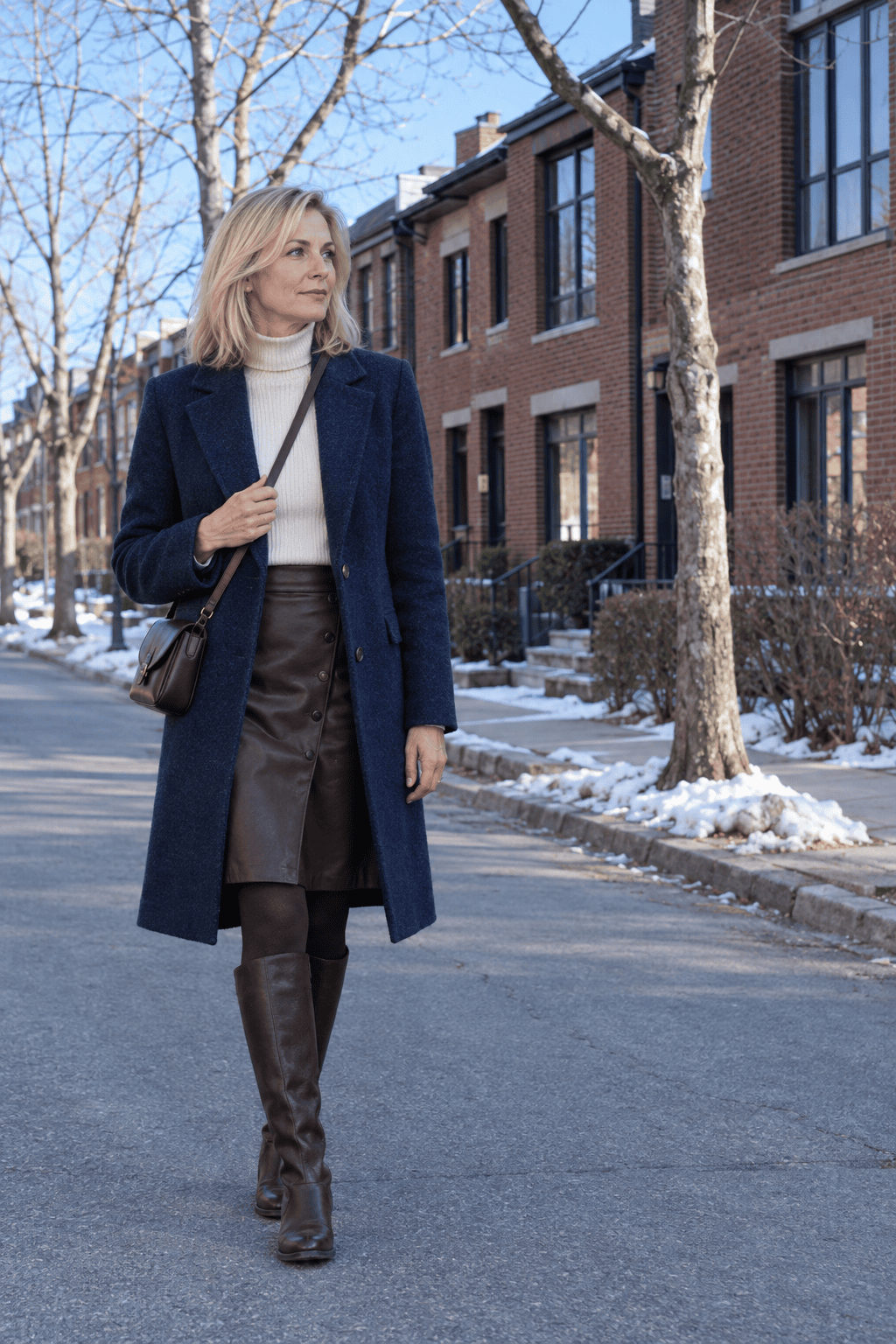 elegant winter outfit for women over 50: knee-length navy wool coat over a cream ribbed turtleneck, chocolate leather wrap skirt and tall dark brown boots