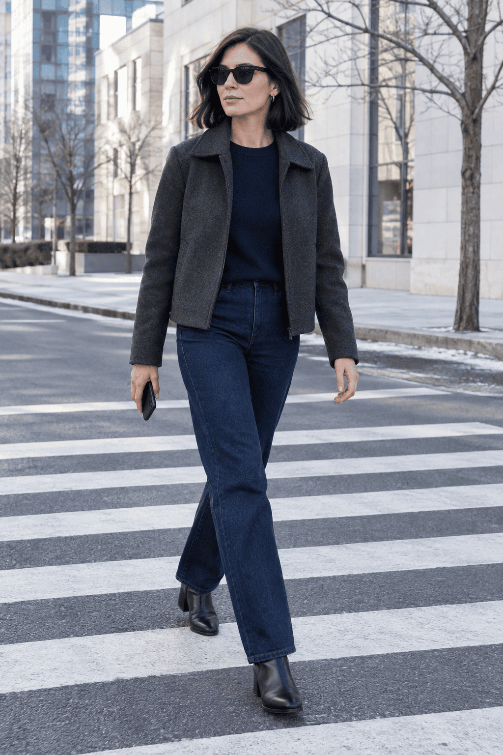 elegant winter outfits casual: woman in unripped straight indigo jeans with a navy sweater and black ankle boots on a winter street
