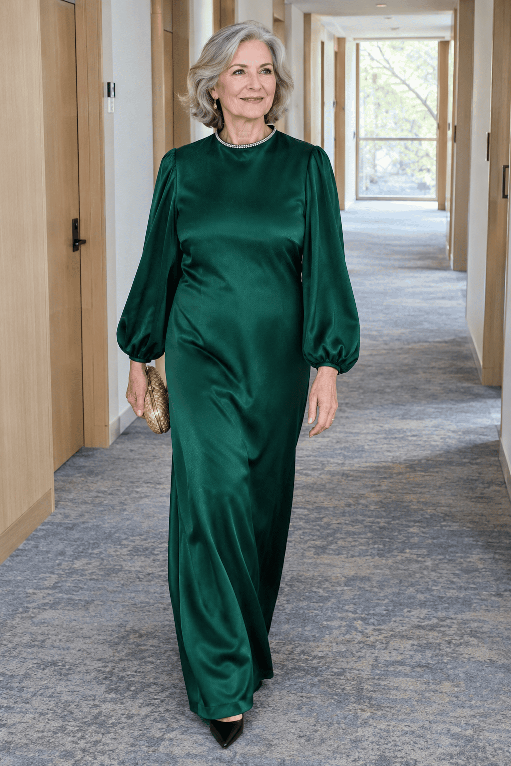 mother of the bride outfit in emerald green: floor-length satin gown with a high neck and long bishop sleeves, black block-heel pumps and a soft gold clutch