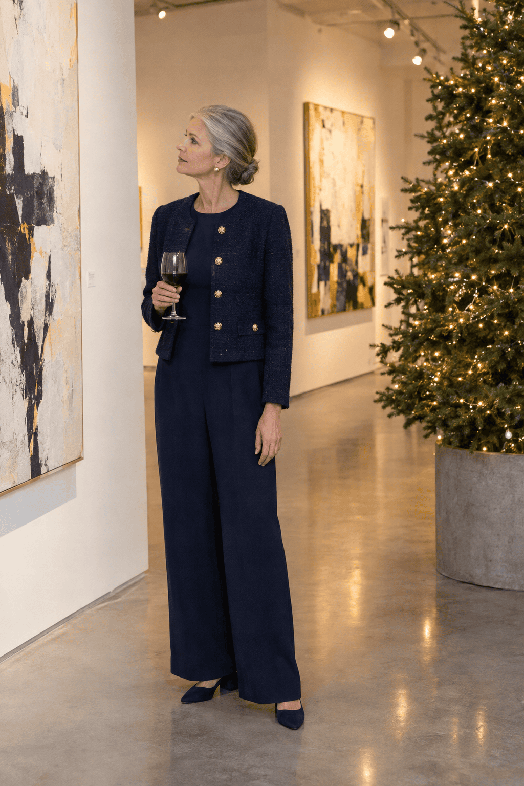 evening holiday party outfit for women over 60: navy long-sleeve wide-leg jumpsuit with a boxy navy tweed jacket and indigo suede block-heel pumps