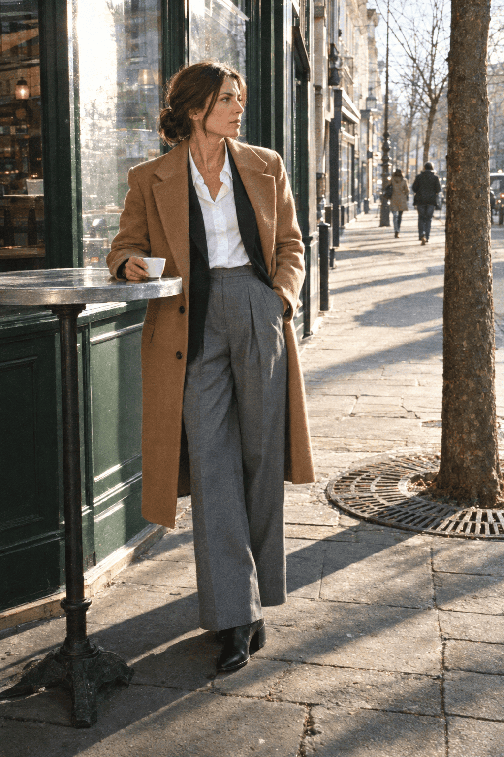 10 piece capsule wardrobe cold-weather office outfit: camel topcoat over a navy blazer, white shirt, grey wide-leg trousers and black ankle boots