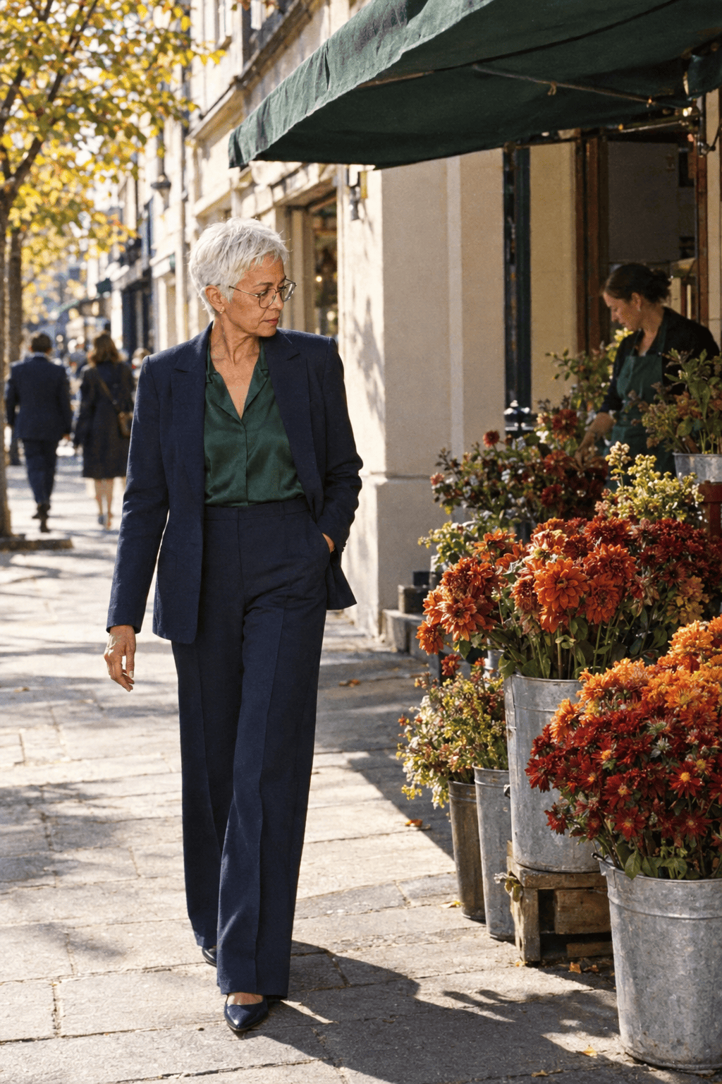 wedding guest trouser outfit for women in their 70s: navy ponte blazer and navy wide-leg trousers with a forest green silk blouse and navy pointed flats